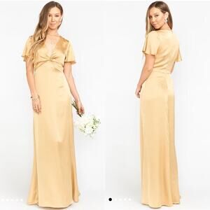 Show Me Your Mumu Rome Twist Gown True Gold Luxe Satin Maxi Dress NWT Size XS